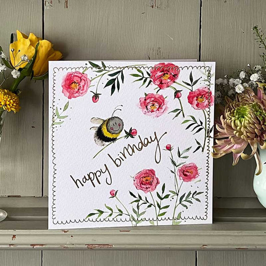 Birthday Card Bee and Peonies